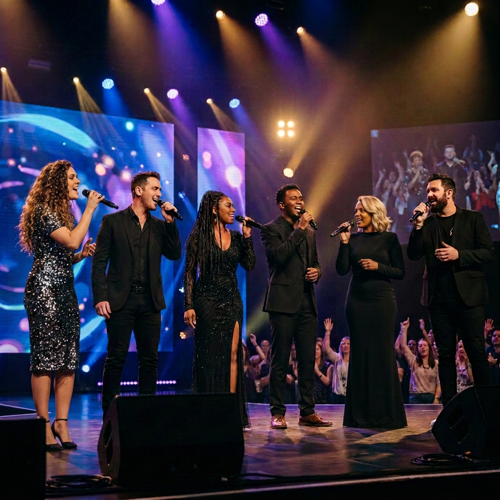 Six people standing in a line on stage singing into microphones with colorful stage lights
