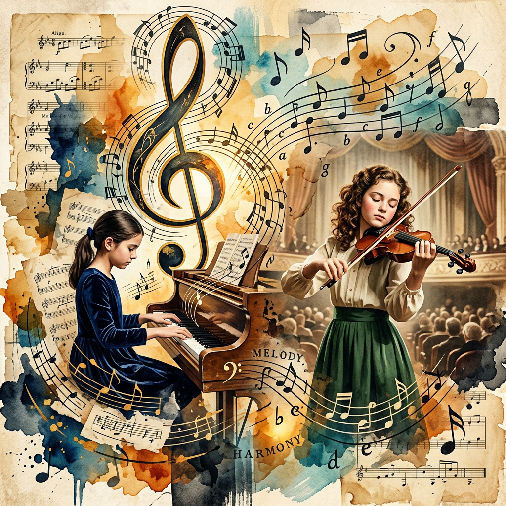 A girl playing piano and another playing violin with musical notes floating around them